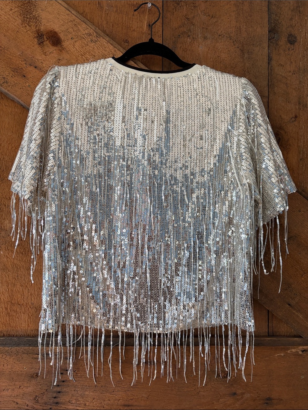 THML Silver Sequin Fringe Short Sleeve Top JH2358-BE Party Shimmer Womens Small - Picture 4 of 8